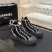 Chanel Women’s High-Top Boots – Black Suede with White Stitching & CC Logo Toe Cap #A69905