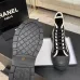 Chanel Women’s High-Top Boots – Black Suede with White Stitching & CC Logo Toe Cap #A69905