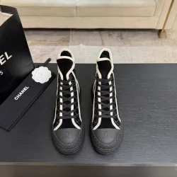 Chanel Women’s High-Top Boots – Black Suede with White Stitching & CC Logo Toe Cap #A69905