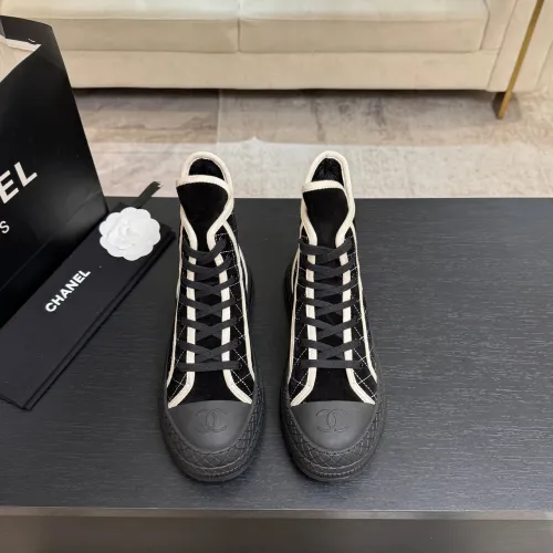Chanel Women’s High-Top Boots – Black Suede with White Stitching & CC Logo Toe Cap #A69905