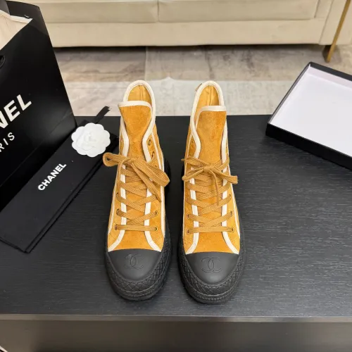 Chanel Women’s High-Top Boots – Suede Yellow with Black Rubber Toe & White Trim #A69906