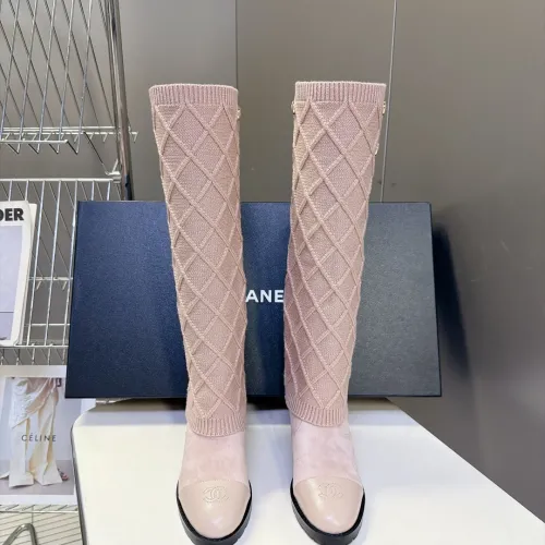 Chanel Women’s Pink Knit Knee-High Boots with Gold CC Hardware & Gloss Toe Cap #A69848