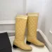 Chanel Yellow Quilted Knee Boots with Iconic CC Logo, Smooth Suede & Patent Leather Trim #A69868