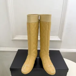 Chanel Yellow Quilted Knee Boots with Iconic CC Logo, Smooth Suede & Patent Leather Trim #A69868