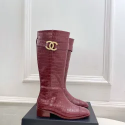 Gucci Women’s Red Croc-Effect Knee Boots with Gold CC Buckle, Low Heel, Square Toe #A69887