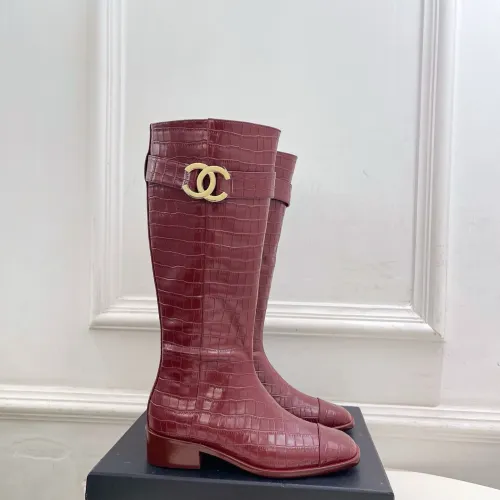 Gucci Women’s Red Croc-Effect Knee Boots with Gold CC Buckle, Low Heel, Square Toe #A69887