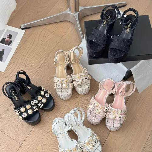 Women's Chanel Tweed Platform Sandals with Pearl Embellishments #B45786