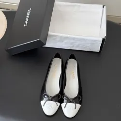 Chanel Black & White Patent Leather Ballet Flats with Bow Detail for Women #A69858