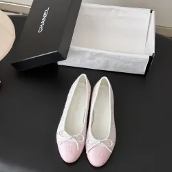 Chanel Pink Tweed Ballet Flats with Leather Cap and Bow Detail, Women’s Classic Pumps #A69861