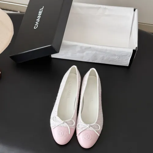Chanel Pink Tweed Ballet Flats with Leather Cap and Bow Detail, Women’s Classic Pumps #A69861