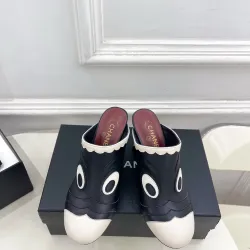 Chanel Two Tone Leather CC Block Heel Mules 8.5cm Heels #B66651