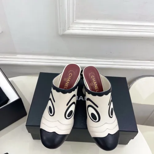 Chanel Two Tone Leather CC Block Heel Mules 8.5cm Heels #B66652