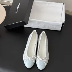 Chanel Women’s Classic Ballet Flats in Light Blue Tweed & Leather Cap with Bow Detail #A69860