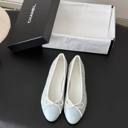 Chanel Women’s Classic Ballet Flats in Light Blue Tweed & Leather Cap with Bow Detail #A69860