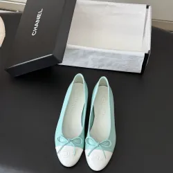 Chanel Women’s Light Blue & White Patent Leather Ballet Pumps with Bow Detail #A69859
