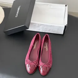Chanel Women’s Pink Suede & Patent Leather Ballet Pumps with Bow Detail #A69854
