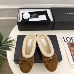 Chanel Brown Suede Slippers for Women with Shearling Lining & CC Bow Detail #A69903
