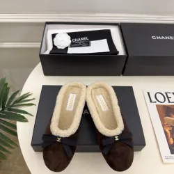 Chanel Brown Suede Slippers with Cream Shearling Lining & Black Bow Detail #A69902
