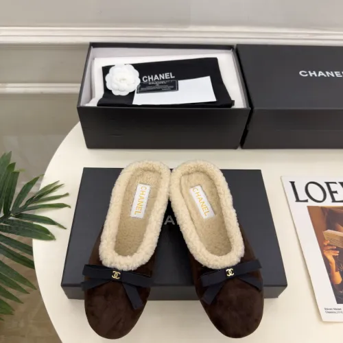 Chanel Brown Suede Slippers with Cream Shearling Lining & Black Bow Detail #A69902
