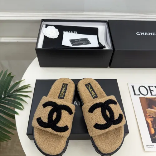 Chanel Women’s Beige Fuzzy Slippers with Black CC Logo, Platform Sandals #A69894