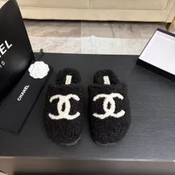 Chanel Women’s Black Fuzzy Slippers with White CC Logo, Soft Shearling Interior, Platform Sole #A69880
