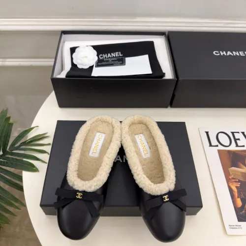Chanel Women’s Black Leather Slippers with Cream Shearling Lining & Gold-Tone CC Bow Detail #A69899