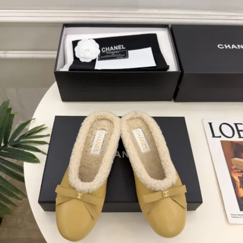 Chanel Women’s Black Leather Slippers with Cream Shearling Lining & Gold-Tone CC Bow Detail #A69900