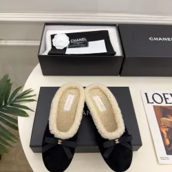 Chanel Women’s Black Velvet Slippers with Cream Shearling Lining & Gold-Tone CC Bow Detail #A69901