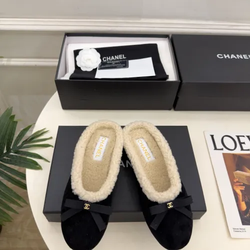 Chanel Women’s Black Velvet Slippers with Cream Shearling Lining & Gold-Tone CC Bow Detail #A69901