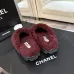 Chanel Women’s Burgundy Fuzzy Slippers with White CC Logo, Soft Shearling Slip-On Shoes #A69881