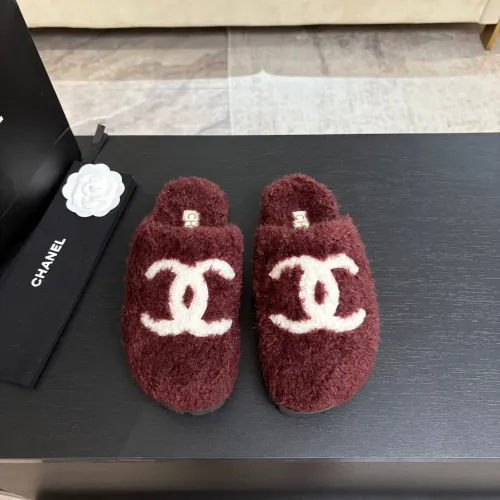 Chanel Women’s Burgundy Fuzzy Slippers with White CC Logo, Soft Shearling Slip-On Shoes #A69881