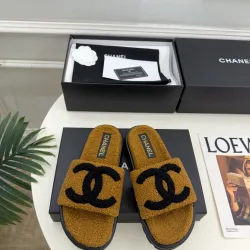 Chanel Women’s Fuzzy Slide Sandals – Mustard & Black CC Logo Slippers with Platform Sole #A69890