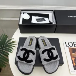 Chanel Women’s Gray Fuzzy Slippers with Black CC Logo, Soft Shearling Sole, Flat Slide Design #A69891