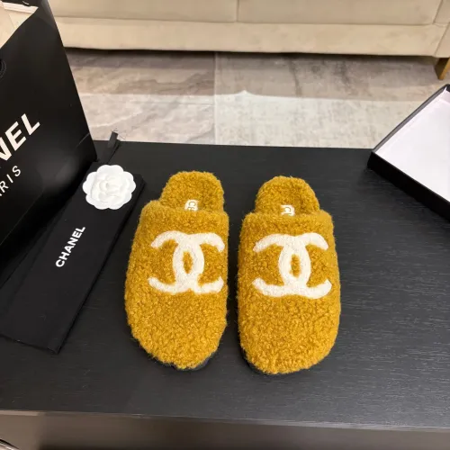 Chanel Women’s Mustard Wool Slippers with White CC Logo, Soft Fuzzy Comfort Shoes #A69879