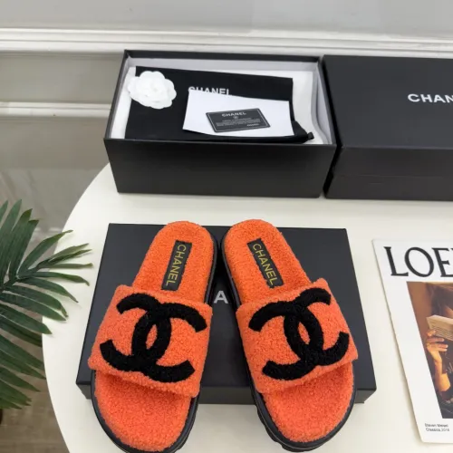 Chanel Women’s Orange Fuzzy Slippers with Black CC Logo, Platform Sandals, Soft Shearling Design #A69889