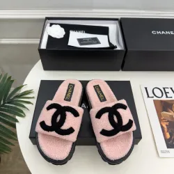 Chanel Women’s Pink Fuzzy Slides with Black CC Logo, Platform Sandals, Soft Shearling Design #A69893