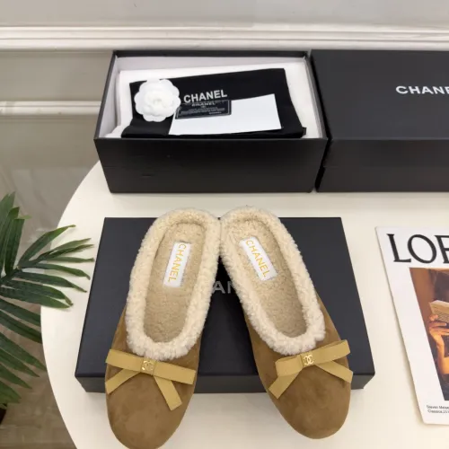 Chanel Women’s Suede Slippers with Shearling Lining & Gold CC Bow Detail #A69904
