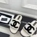 Chanel Women’s White Fuzzy Slippers with Black CC Logo, Platform Sandals #A69892