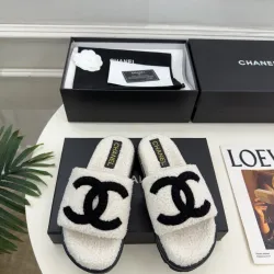 Chanel Women’s White Fuzzy Slippers with Black CC Logo, Platform Sandals #A69892