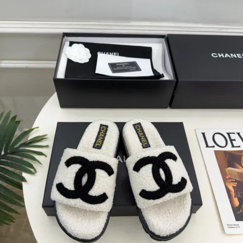 Chanel Women’s White Fuzzy Slippers with Black CC Logo, Platform Sandals #A69892