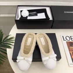 Chanel Women’s White Sheepskin Slippers with Bow Detail & CC Logo #A69898