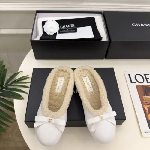 Chanel Women’s White Sheepskin Slippers with Bow Detail & CC Logo #A69898