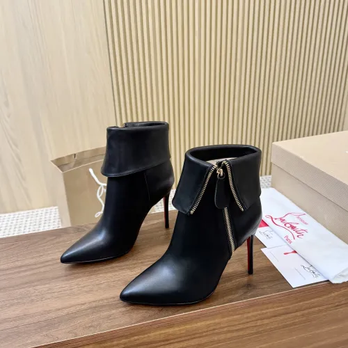 Christian Louboutin Black Leather Ankle Boots with Pointed Toe, 100mm Stiletto Heel & Red Sole #A69801