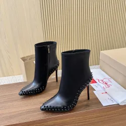 Christian Louboutin Black Leather Studded Ankle Boots, Pointed Toe, 100mm Stiletto Heel, Red Sole #A69802