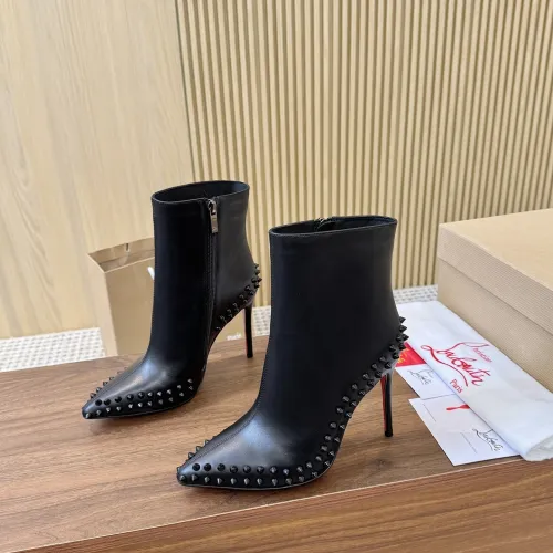 Christian Louboutin Black Leather Studded Ankle Boots, Pointed Toe, 100mm Stiletto Heel, Red Sole #A69802