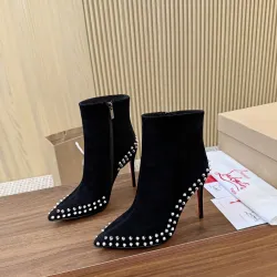 Christian Louboutin Black Suede Studded Ankle Boots with Pointed Toe & Red Sole Heel #A69805