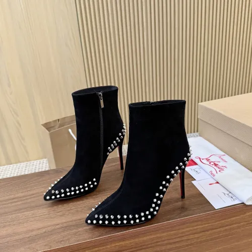 Christian Louboutin Black Suede Studded Ankle Boots with Pointed Toe & Red Sole Heel #A69805