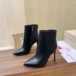 Christian Louboutin Black Tan Leather Pointed Toe Ankle Boots with Red Sole & 100mm Stiletto Heel #A69800