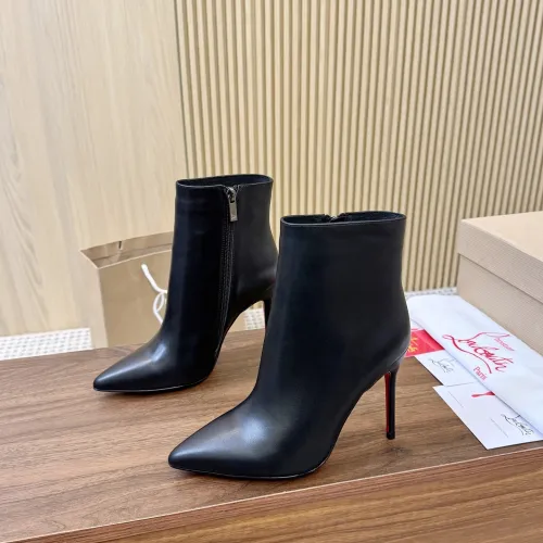 Christian Louboutin Black Tan Leather Pointed Toe Ankle Boots with Red Sole & 100mm Stiletto Heel #A69800