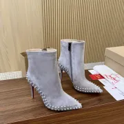 Christian Louboutin Grey Suede Studded Ankle Boots, Pointed Toe, 100mm Stiletto Heel, Red Sole for Women #A69804